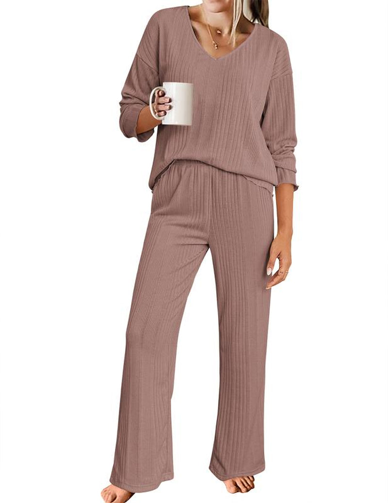 Women'S Ribbed Knitted V-Neck Long Sleeve Top and Wide Leg Pants Casual Pajama Set 2-Piece Set Casual Pajama Set
