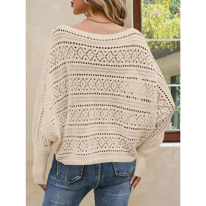 Fisace Womens off the Shoulder Sweaters Fall 2025 Oversized Knit Batwing Long Sleeve Crochet Pullover Sweater Tops
