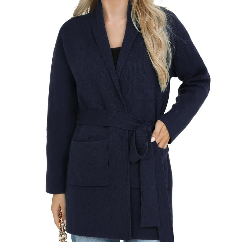 Totatuit Women'S Oversized Long Cardigan Sweater with Belt 2025 Fall Spring Open Front Knitwear with Pockets Elegant Fit Cozy Soft Fabric Casual Cute Solid Color Lapel Collar Two Pockets Knee-Length Super Soft Material Comfortable Everyday Wear