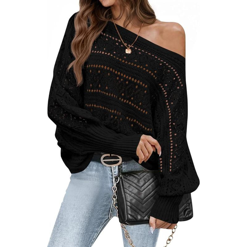 Fisace Womens off the Shoulder Sweaters Fall 2025 Oversized Knit Batwing Long Sleeve Crochet Pullover Sweater Tops