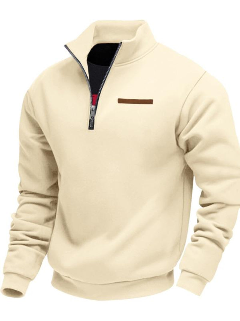 Men'S Fall Winter Fleece Sweatshirt, Half Zipper Fake Pocket Design, Loose Fit Stand Collar Pullover, Outdoor Casual Sporty Warm Wear