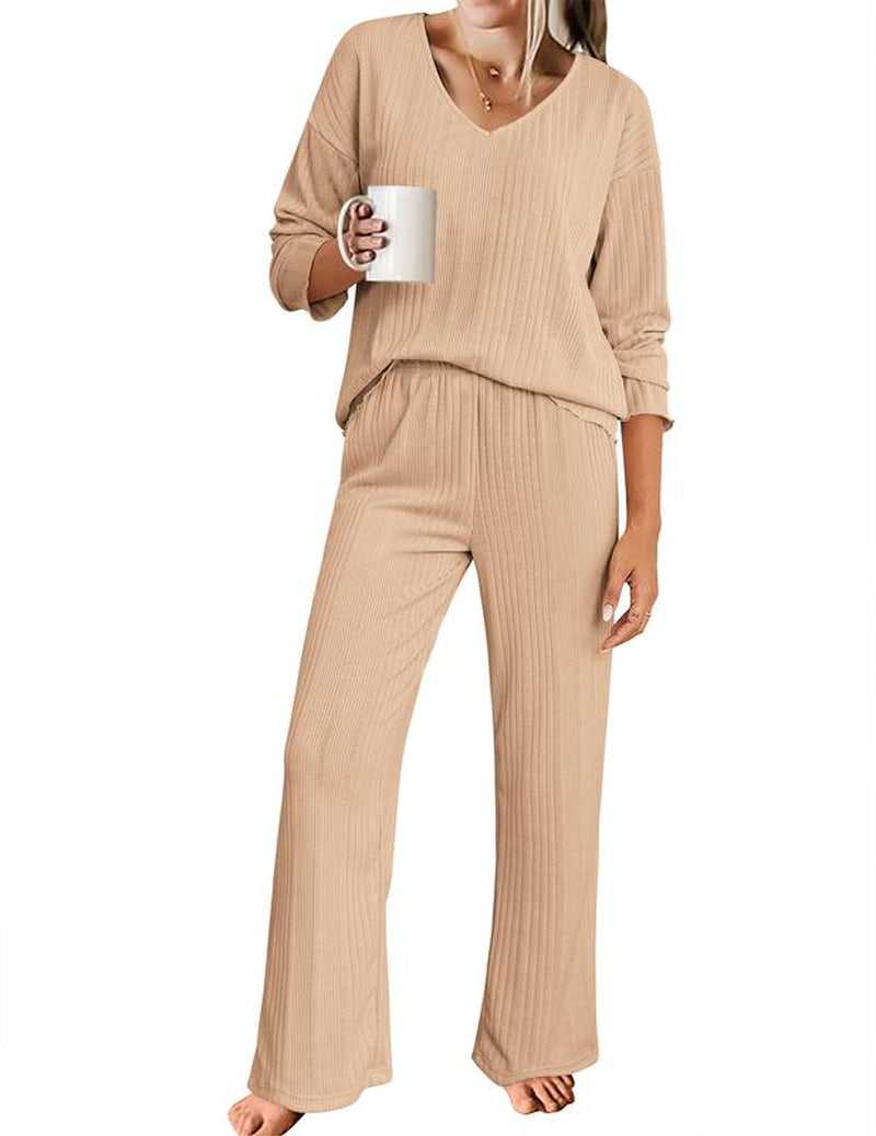 Women'S Ribbed Knitted V-Neck Long Sleeve Top and Wide Leg Pants Casual Pajama Set 2-Piece Set Casual Pajama Set