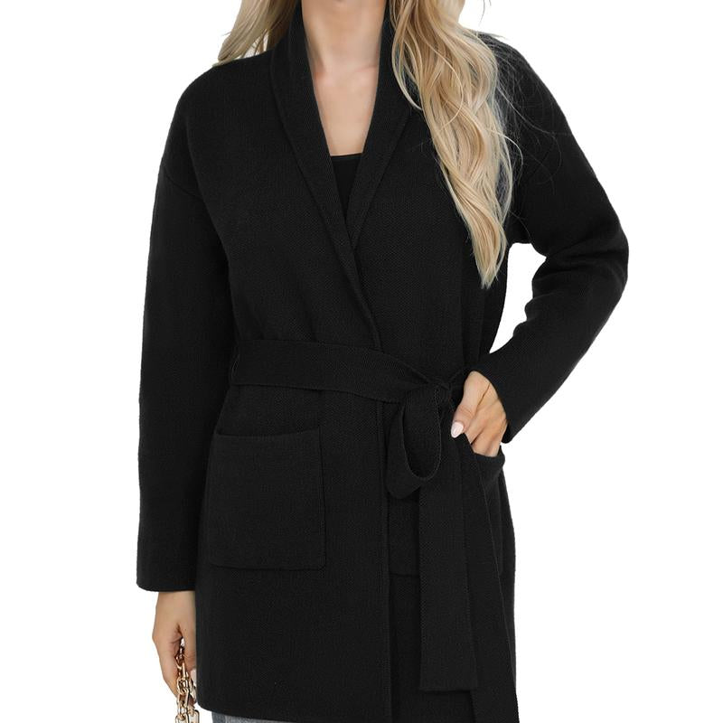 Totatuit Women'S Oversized Long Cardigan Sweater with Belt 2025 Fall Spring Open Front Knitwear with Pockets Elegant Fit Cozy Soft Fabric Casual Cute Solid Color Lapel Collar Two Pockets Knee-Length Super Soft Material Comfortable Everyday Wear