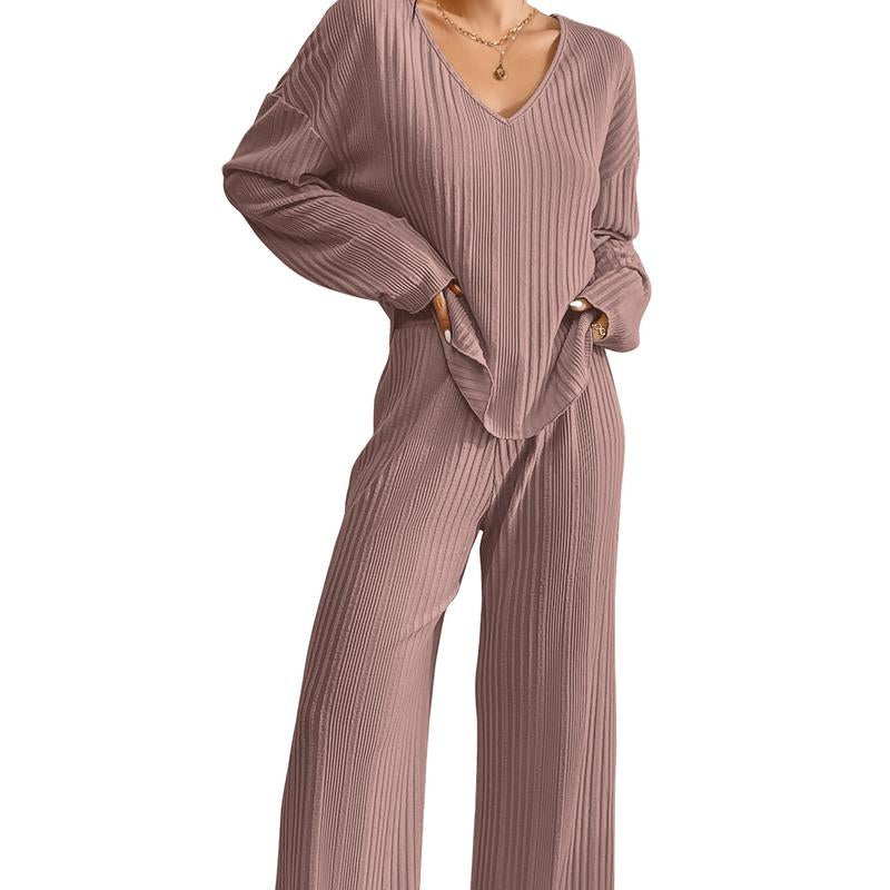 Women'S Ribbed Knitted V-Neck Long Sleeve Top and Wide Leg Pants Casual Pajama Set 2-Piece Set Casual Pajama Set