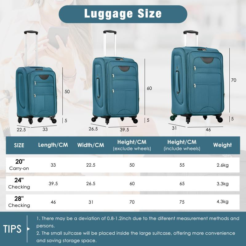 Softside Expandable 3-Piece Luggage Set with Luggage Bag, Upright Rotating Soft Shell, Lightweight Travel Luggage Set, Soft Edge Design, No Hard Edges, Can Be Flattened, Saving Storage Space Durable Luggagesets