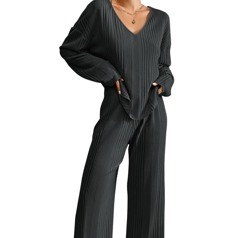 Women'S Ribbed Knitted V-Neck Long Sleeve Top and Wide Leg Pants Casual Pajama Set 2-Piece Set Casual Pajama Set