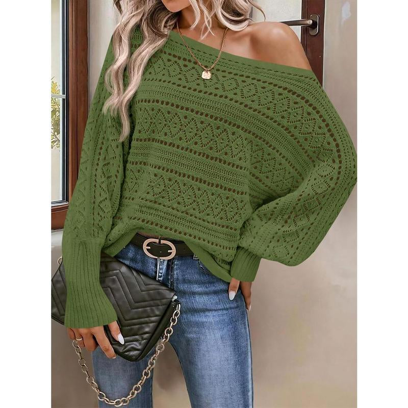 Fisace Womens off the Shoulder Sweaters Fall 2025 Oversized Knit Batwing Long Sleeve Crochet Pullover Sweater Tops