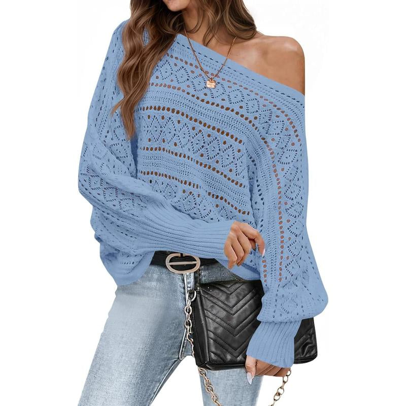 Fisace Womens off the Shoulder Sweaters Fall 2025 Oversized Knit Batwing Long Sleeve Crochet Pullover Sweater Tops