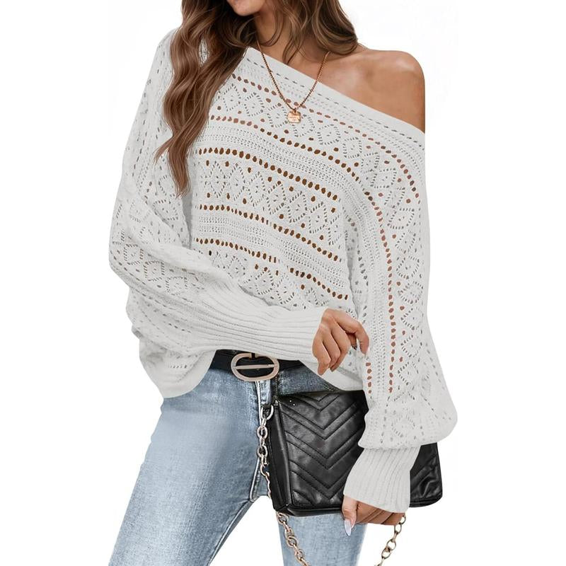 Fisace Womens off the Shoulder Sweaters Fall 2025 Oversized Knit Batwing Long Sleeve Crochet Pullover Sweater Tops