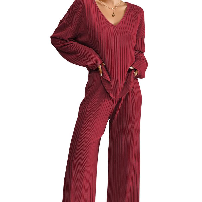 Women'S Ribbed Knitted V-Neck Long Sleeve Top and Wide Leg Pants Casual Pajama Set 2-Piece Set Casual Pajama Set