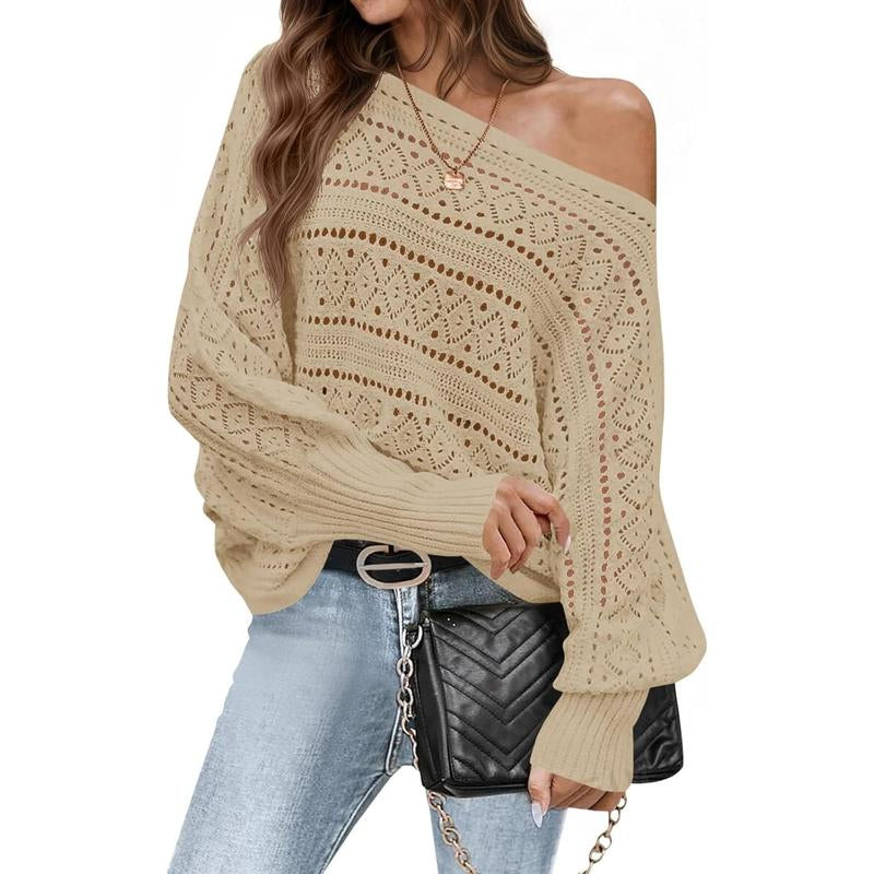 Fisace Womens off the Shoulder Sweaters Fall 2025 Oversized Knit Batwing Long Sleeve Crochet Pullover Sweater Tops