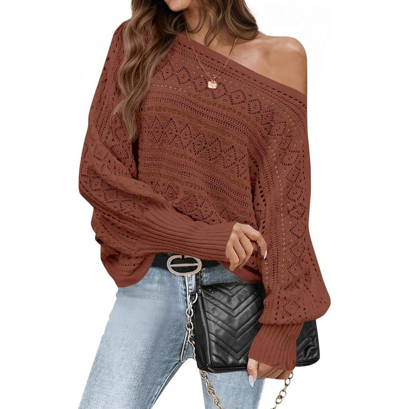 Fisace Womens off the Shoulder Sweaters Fall 2025 Oversized Knit Batwing Long Sleeve Crochet Pullover Sweater Tops