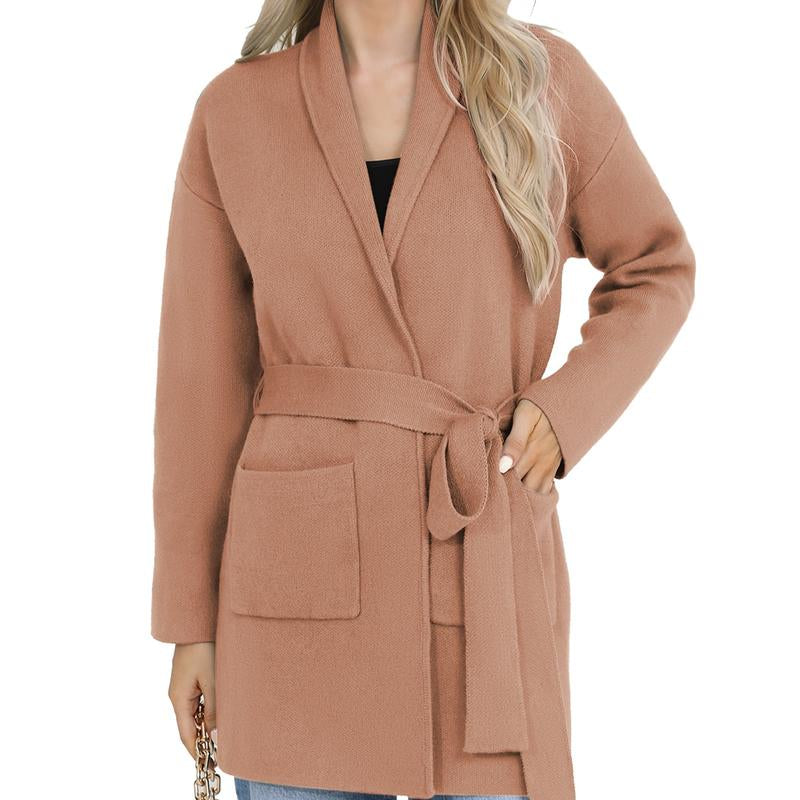 Totatuit Women'S Oversized Long Cardigan Sweater with Belt 2025 Fall Spring Open Front Knitwear with Pockets Elegant Fit Cozy Soft Fabric Casual Cute Solid Color Lapel Collar Two Pockets Knee-Length Super Soft Material Comfortable Everyday Wear