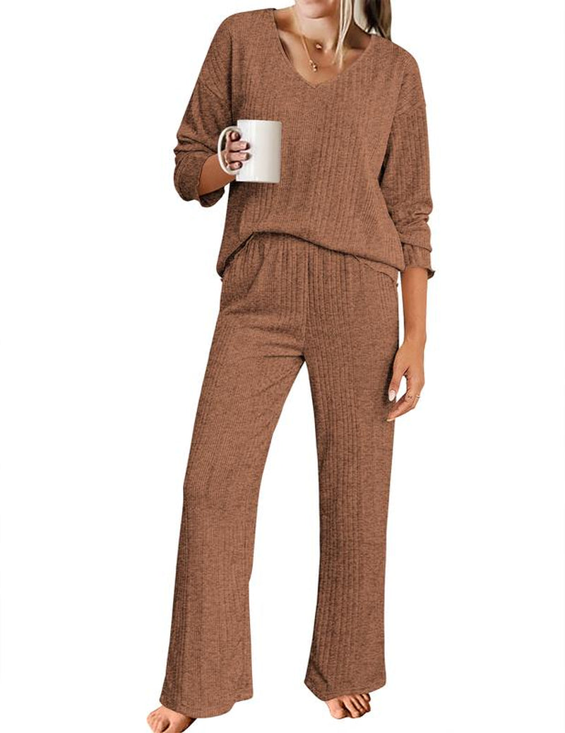 Women'S Ribbed Knitted V-Neck Long Sleeve Top and Wide Leg Pants Casual Pajama Set 2-Piece Set Casual Pajama Set