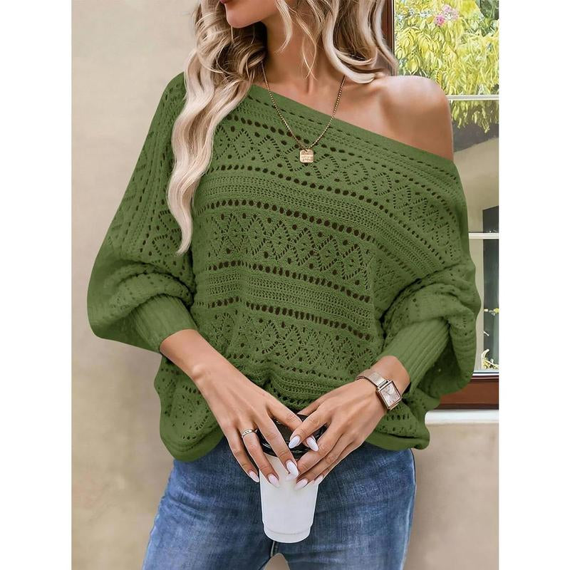 Fisace Womens off the Shoulder Sweaters Fall 2025 Oversized Knit Batwing Long Sleeve Crochet Pullover Sweater Tops