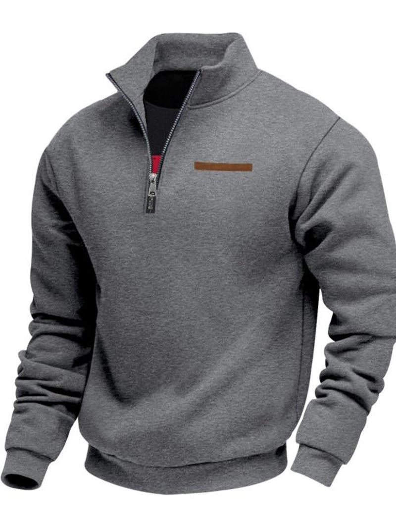 Men'S Fall Winter Fleece Sweatshirt, Half Zipper Fake Pocket Design, Loose Fit Stand Collar Pullover, Outdoor Casual Sporty Warm Wear
