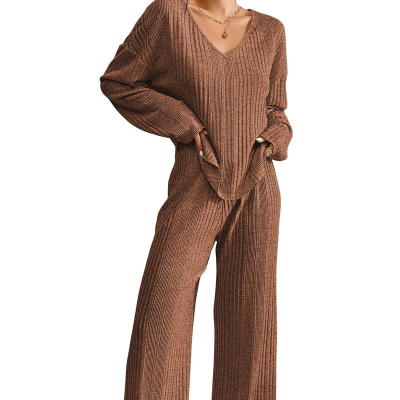 Women'S Ribbed Knitted V-Neck Long Sleeve Top and Wide Leg Pants Casual Pajama Set 2-Piece Set Casual Pajama Set