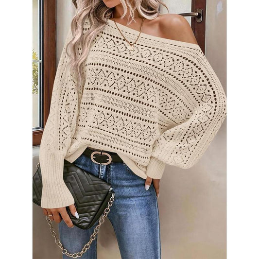 Fisace Womens off the Shoulder Sweaters Fall 2025 Oversized Knit Batwing Long Sleeve Crochet Pullover Sweater Tops