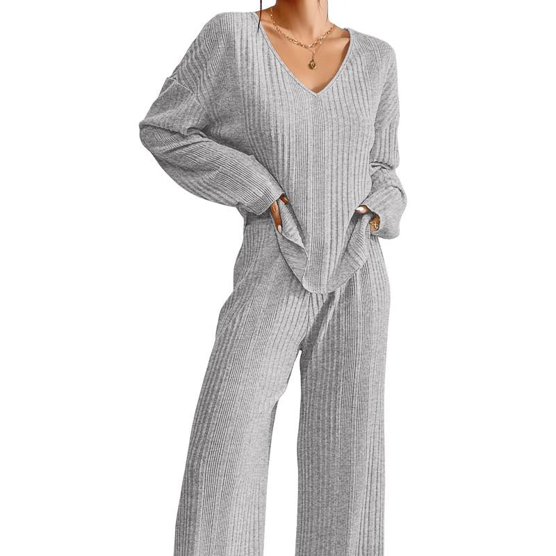 Women'S Ribbed Knitted V-Neck Long Sleeve Top and Wide Leg Pants Casual Pajama Set 2-Piece Set Casual Pajama Set