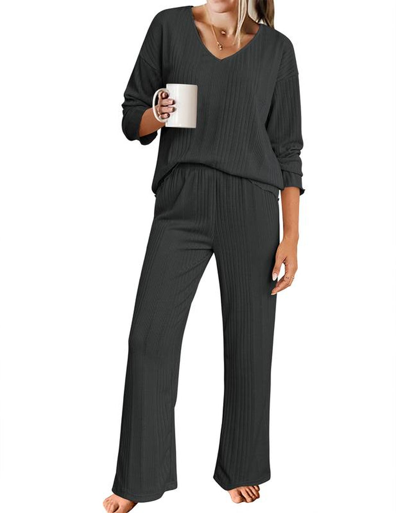 Women'S Ribbed Knitted V-Neck Long Sleeve Top and Wide Leg Pants Casual Pajama Set 2-Piece Set Casual Pajama Set