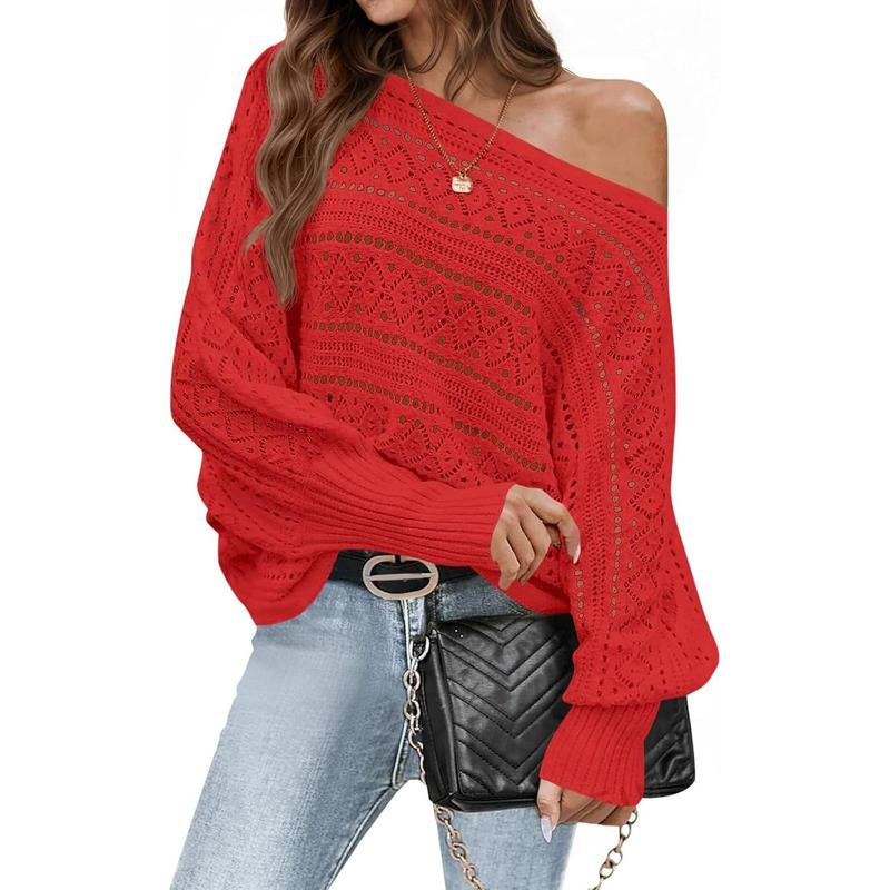 Fisace Womens off the Shoulder Sweaters Fall 2025 Oversized Knit Batwing Long Sleeve Crochet Pullover Sweater Tops