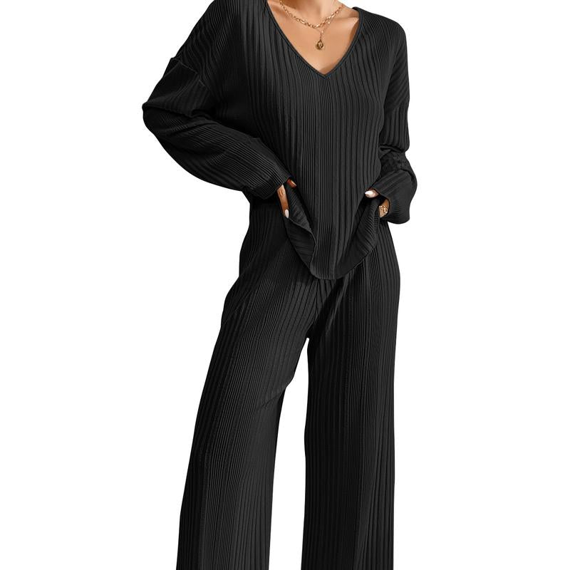 Women'S Ribbed Knitted V-Neck Long Sleeve Top and Wide Leg Pants Casual Pajama Set 2-Piece Set Casual Pajama Set