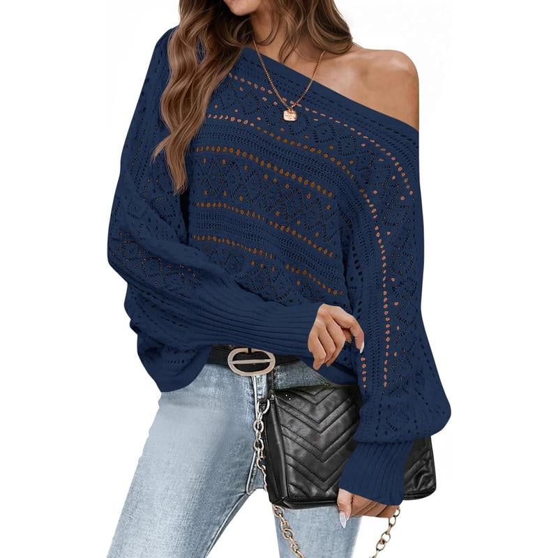 Fisace Womens off the Shoulder Sweaters Fall 2025 Oversized Knit Batwing Long Sleeve Crochet Pullover Sweater Tops