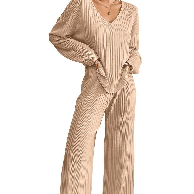 Women'S Ribbed Knitted V-Neck Long Sleeve Top and Wide Leg Pants Casual Pajama Set 2-Piece Set Casual Pajama Set