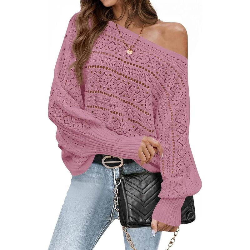 Fisace Womens off the Shoulder Sweaters Fall 2025 Oversized Knit Batwing Long Sleeve Crochet Pullover Sweater Tops