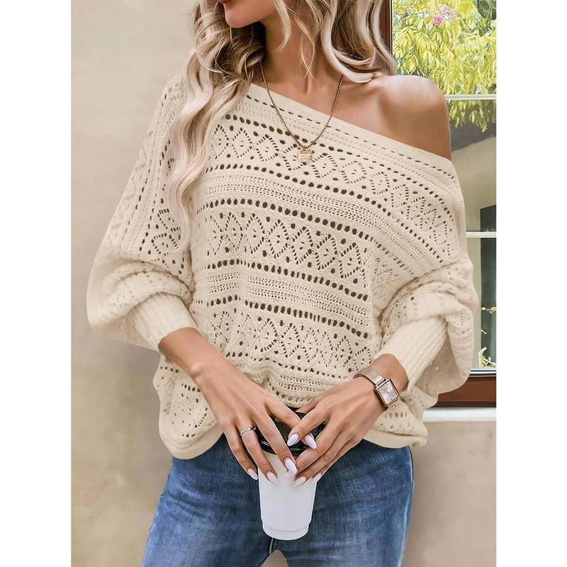 Fisace Womens off the Shoulder Sweaters Fall 2025 Oversized Knit Batwing Long Sleeve Crochet Pullover Sweater Tops