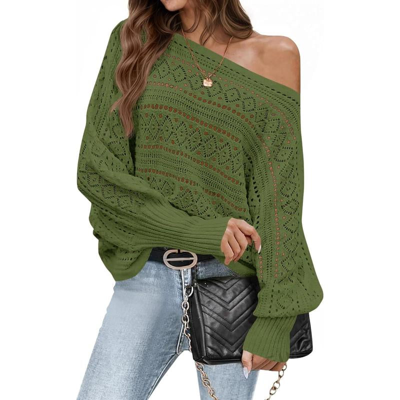 Fisace Womens off the Shoulder Sweaters Fall 2025 Oversized Knit Batwing Long Sleeve Crochet Pullover Sweater Tops