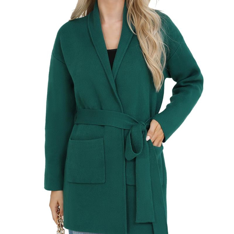 Totatuit Women'S Oversized Long Cardigan Sweater with Belt 2025 Fall Spring Open Front Knitwear with Pockets Elegant Fit Cozy Soft Fabric Casual Cute Solid Color Lapel Collar Two Pockets Knee-Length Super Soft Material Comfortable Everyday Wear