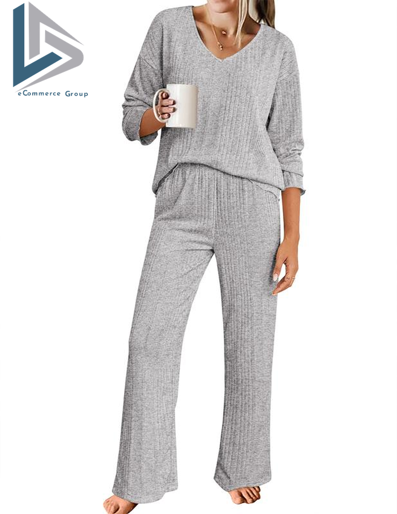 Women'S Ribbed Knitted V-Neck Long Sleeve Top and Wide Leg Pants Casual Pajama Set 2-Piece Set Casual Pajama Set