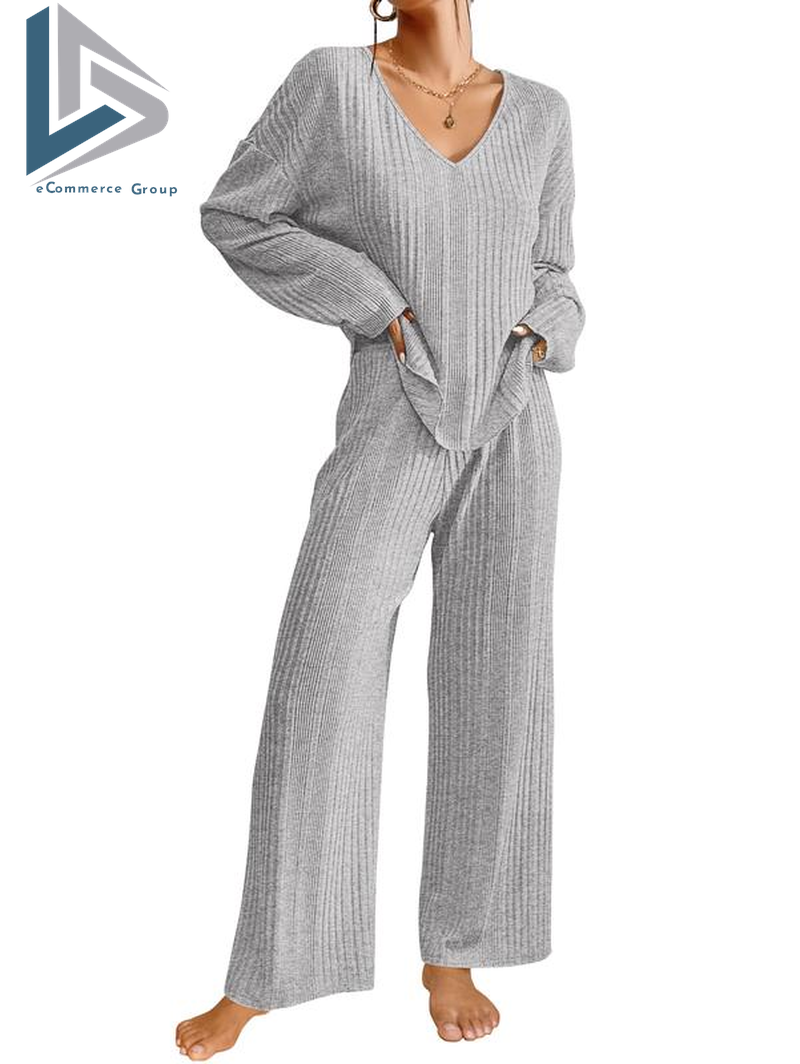 Women'S Ribbed Knitted V-Neck Long Sleeve Top and Wide Leg Pants Casual Pajama Set 2-Piece Set Casual Pajama Set
