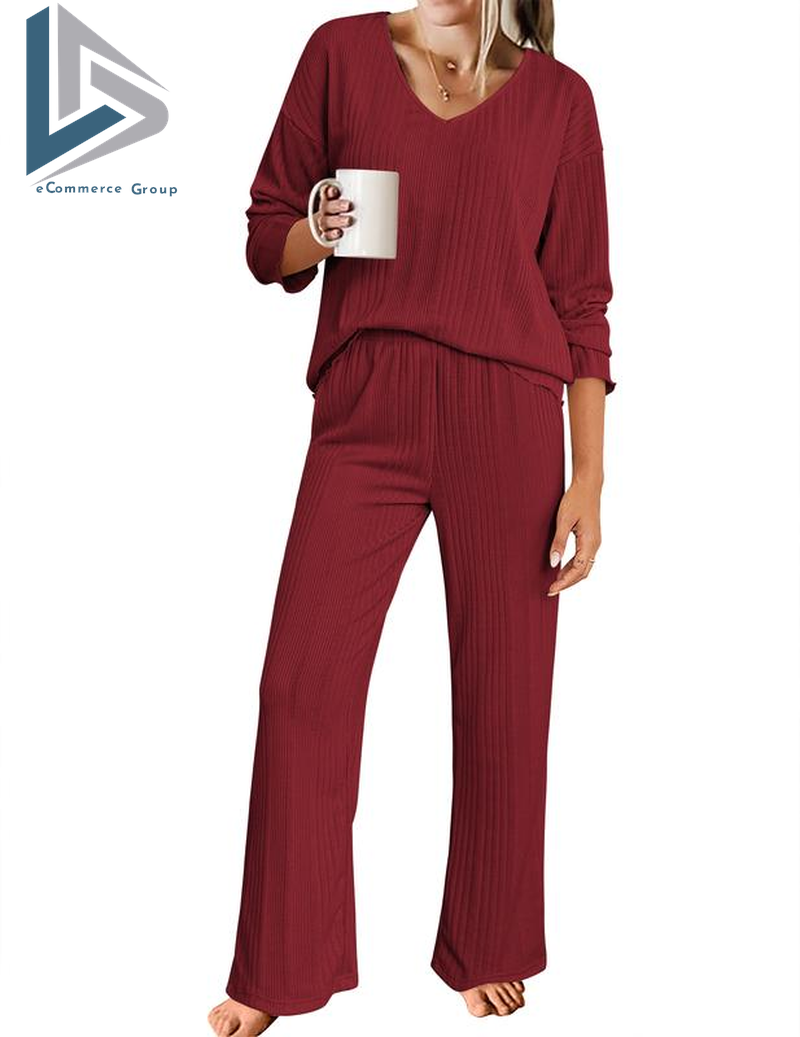 Women'S Ribbed Knitted V-Neck Long Sleeve Top and Wide Leg Pants Casual Pajama Set 2-Piece Set Casual Pajama Set