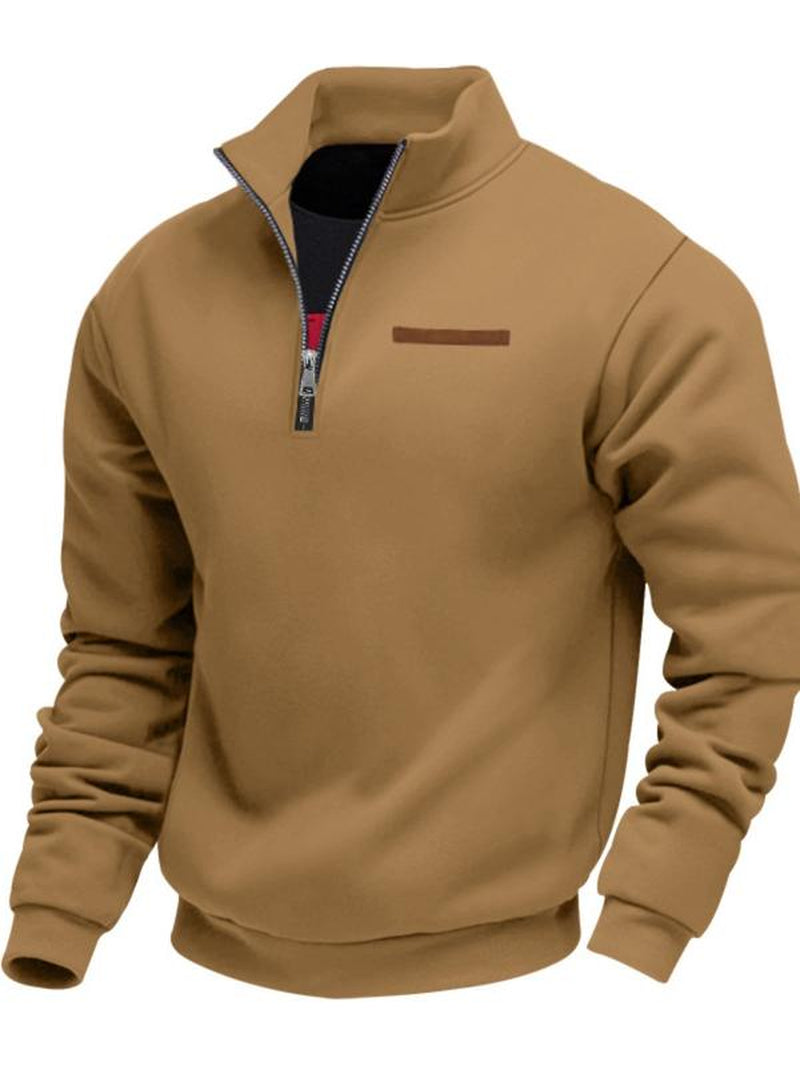 Men'S Fall Winter Fleece Sweatshirt, Half Zipper Fake Pocket Design, Loose Fit Stand Collar Pullover, Outdoor Casual Sporty Warm Wear