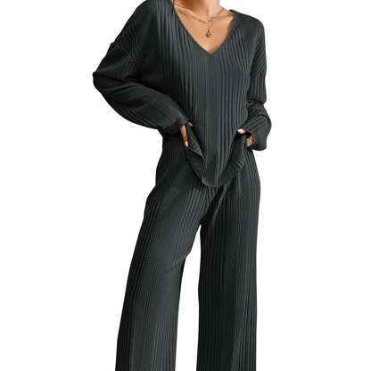 Women'S Ribbed Knitted V-Neck Long Sleeve Top and Wide Leg Pants Casual Pajama Set 2-Piece Set Casual Pajama Set