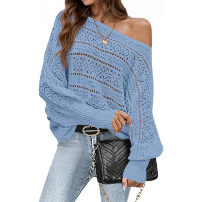 Fisace Womens off the Shoulder Sweaters Fall 2025 Oversized Knit Batwing Long Sleeve Crochet Pullover Sweater Tops