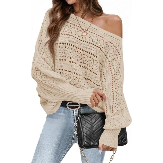 Fisace Womens off the Shoulder Sweaters Fall 2025 Oversized Knit Batwing Long Sleeve Crochet Pullover Sweater Tops