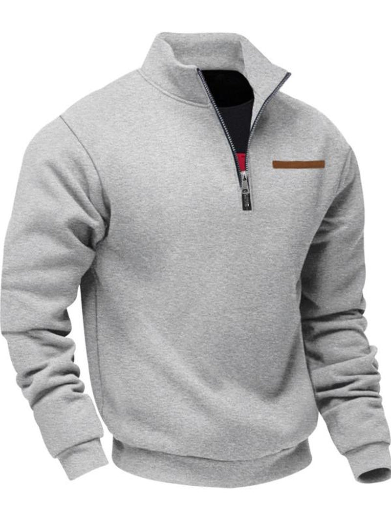 Men'S Fall Winter Fleece Sweatshirt, Half Zipper Fake Pocket Design, Loose Fit Stand Collar Pullover, Outdoor Casual Sporty Warm Wear